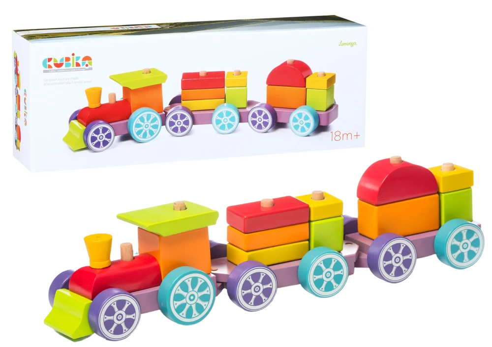 Cubika Medinis rūšiavimo traukinukas su kaladėlėmis - Vaivorykštės ekspresas 42cm.
