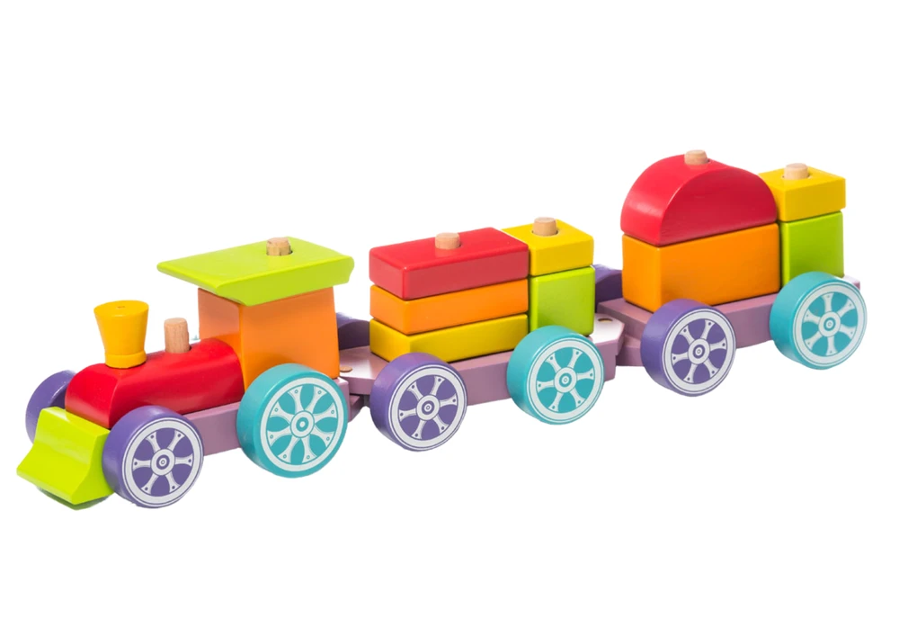 Cubika Medinis rūšiavimo traukinukas su kaladėlėmis - Vaivorykštės ekspresas 42cm.