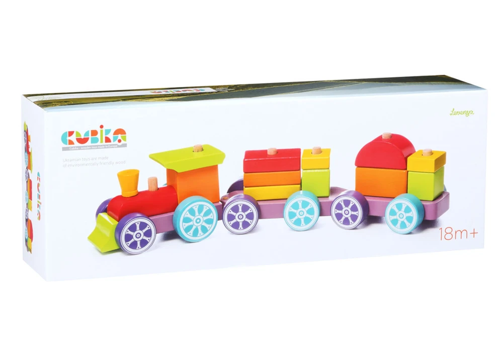 Cubika Medinis rūšiavimo traukinukas su kaladėlėmis - Vaivorykštės ekspresas 42cm.