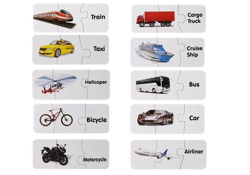 Lean Toys Edukacinė dėlionė "Transporto priemonės", anglų k., 10 derinių