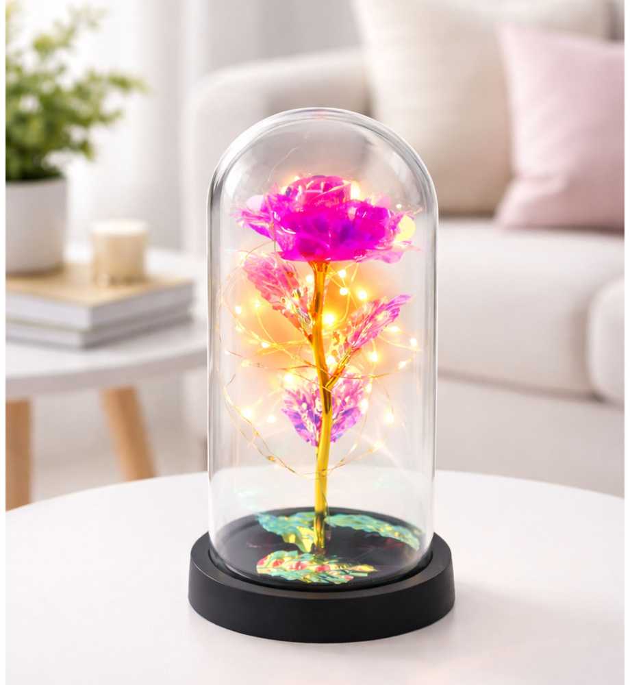 Lean Amžina krištolinė rožė kupole su LED apšvietimu rožinė 21x11cm