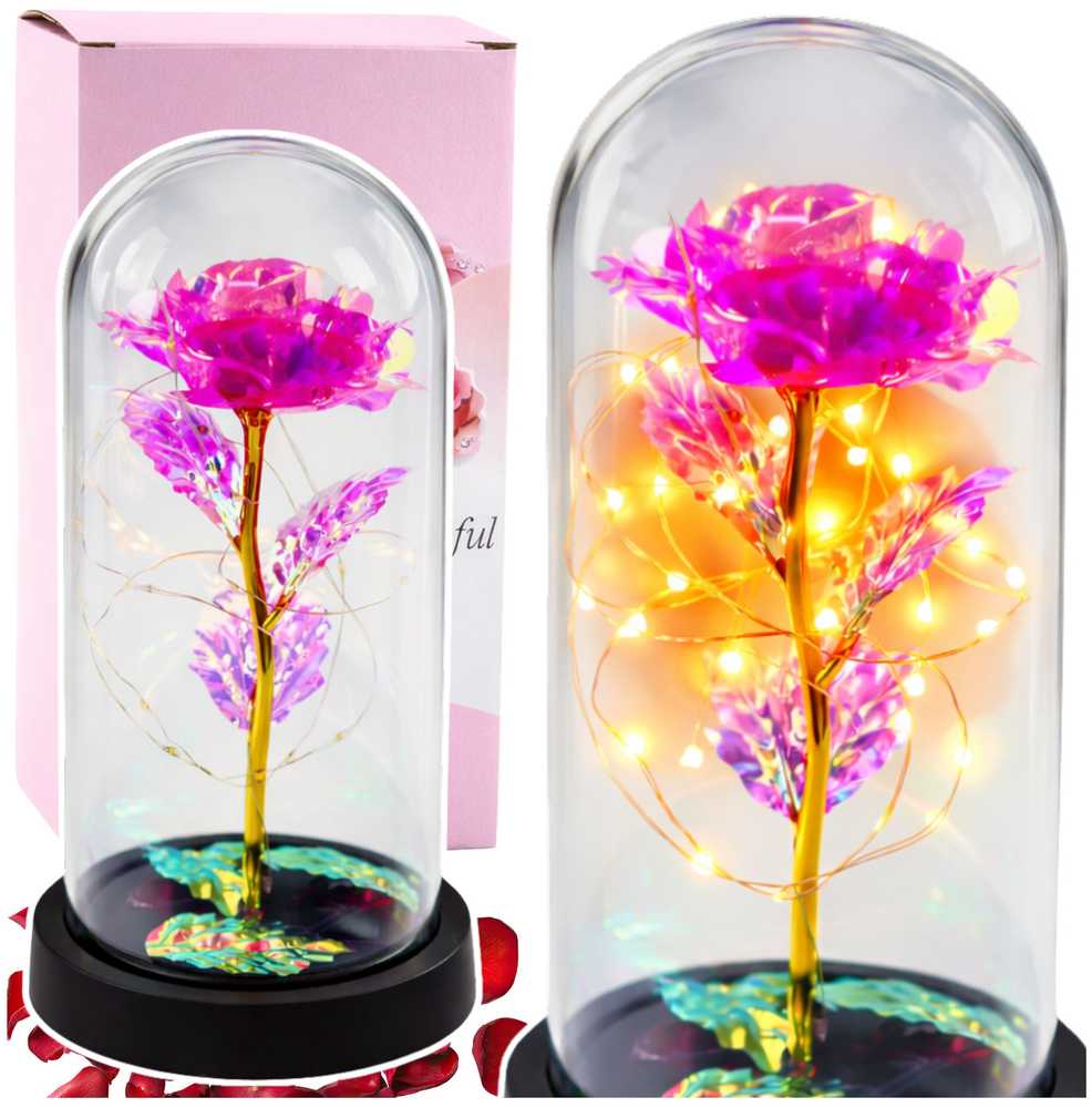 Lean Amžina krištolinė rožė kupole su LED apšvietimu rožinė 21x11cm