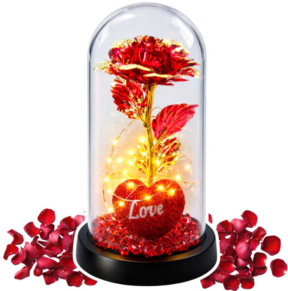 Lean Amžina rožė kupole su LED apšvietimu Širdies karoliukais raudona 21x11cm
