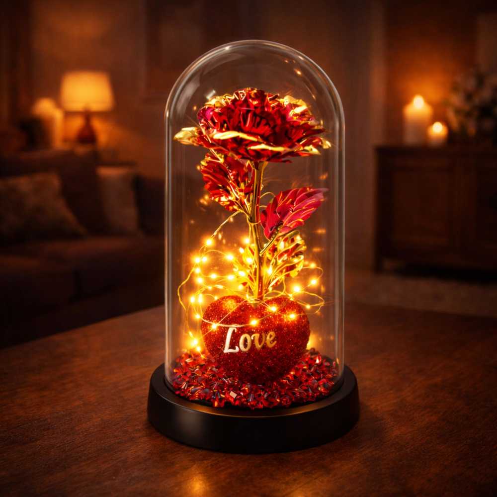 Lean Amžina rožė kupole su LED apšvietimu Širdies karoliukais raudona 21x11cm