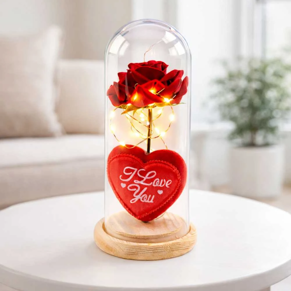 Lean Amžinoji rožė LED apšvietimo kupole su širdimi ir „Love“ užrašu