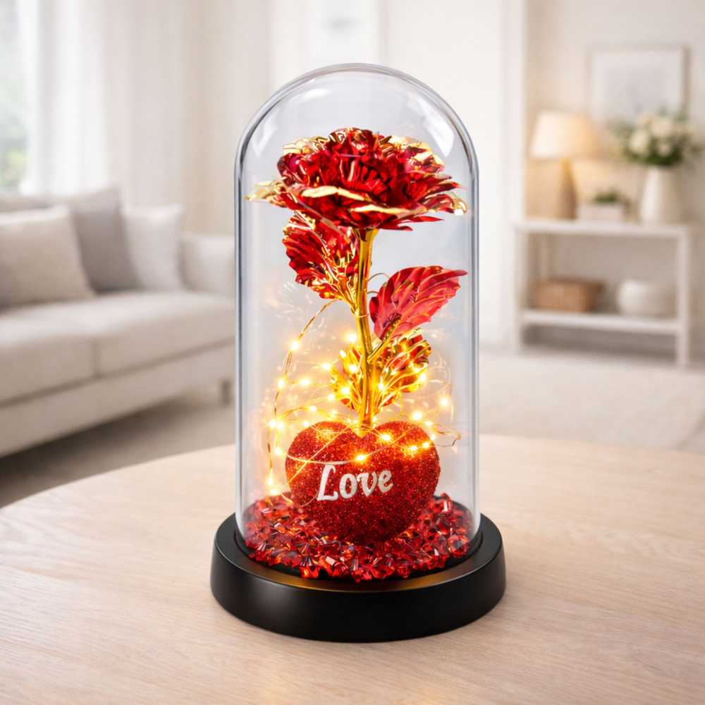 Lean Amžina rožė kupole su LED apšvietimu Širdies karoliukais raudona 21x11cm