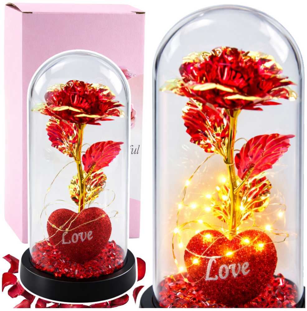 Lean Amžina rožė kupole su LED apšvietimu Širdies karoliukais raudona 21x11cm