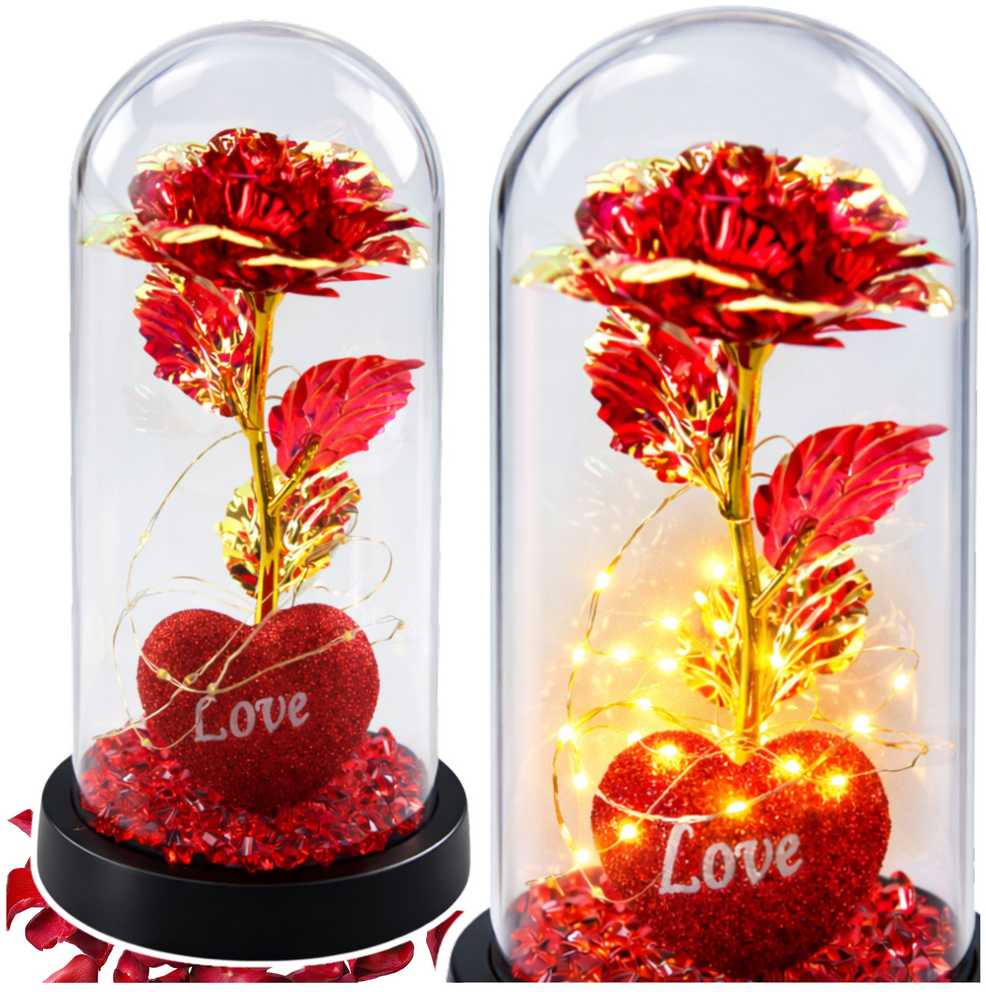 Lean Amžina rožė kupole su LED apšvietimu Širdies karoliukais raudona 21x11cm