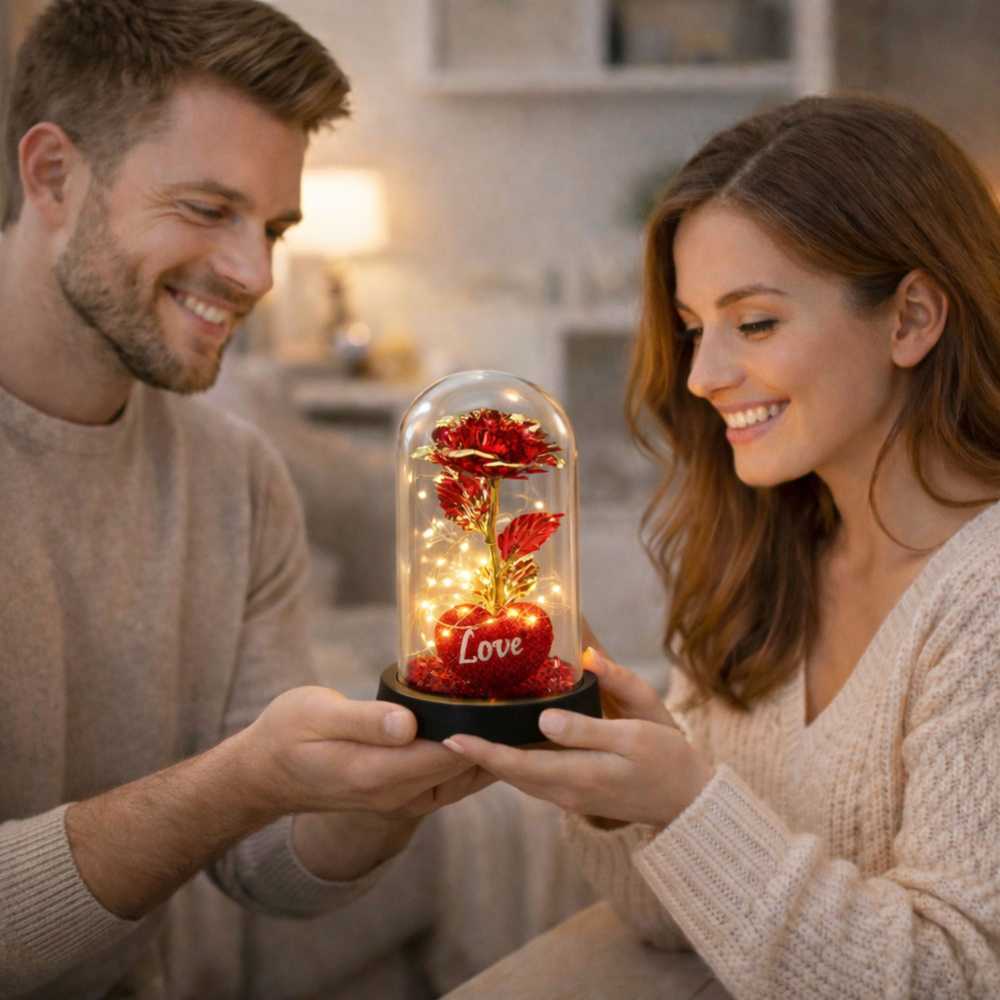Lean Amžina rožė kupole su LED apšvietimu Širdies karoliukais raudona 21x11cm