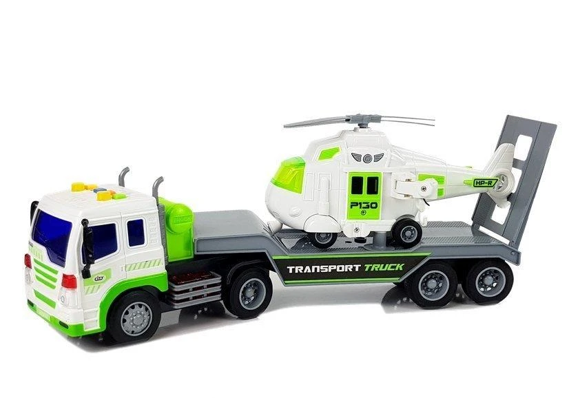Žaislinio autotrasporterio ir malūnsparnio rinkinys Lean Toys, baltas/žalias, 2 d.