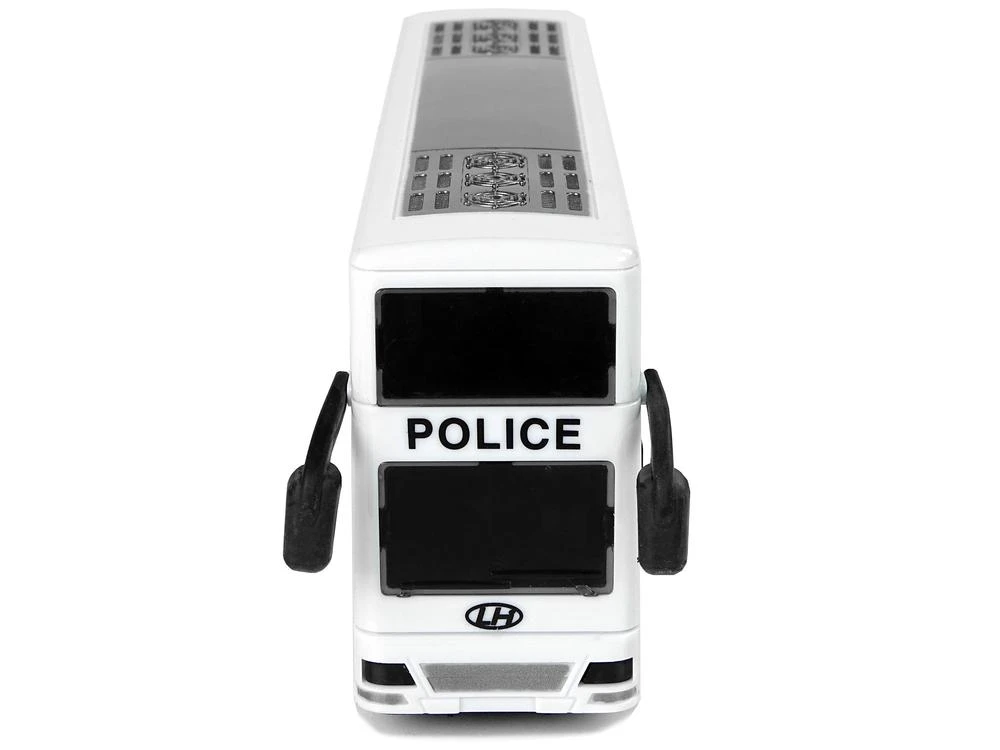 Lean Toys Baltas dviejų aukštų policijos autobusas su šviesos ir garso efektais