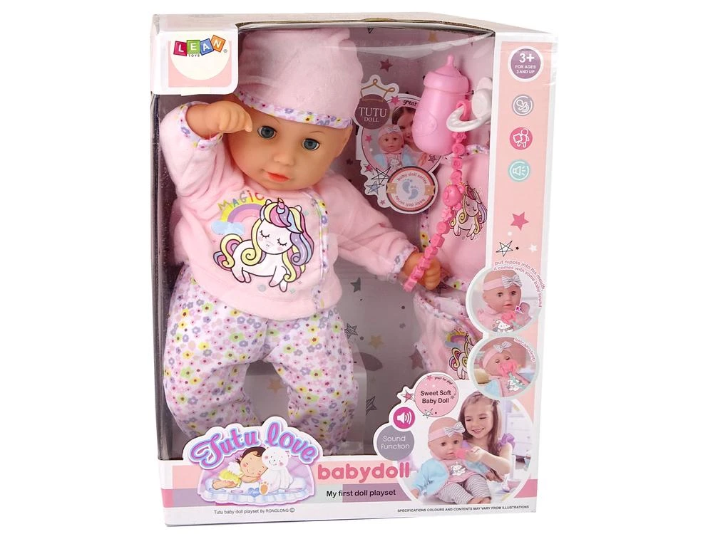 Lean Toys lėlė-kūdikis su čiulptuku ir rusvais drabužiais aprašymas - Prekės nuotrauka