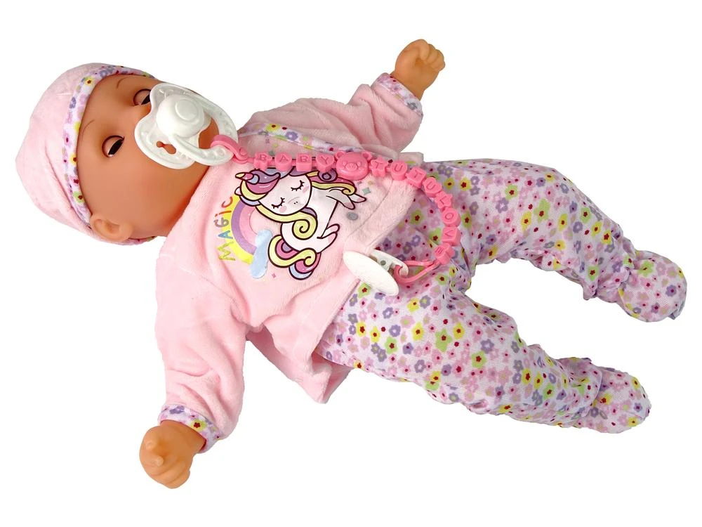 Lean Toys lėlė-kūdikis su čiulptuku ir rusvais drabužiais aprašymas - Prekės nuotrauka