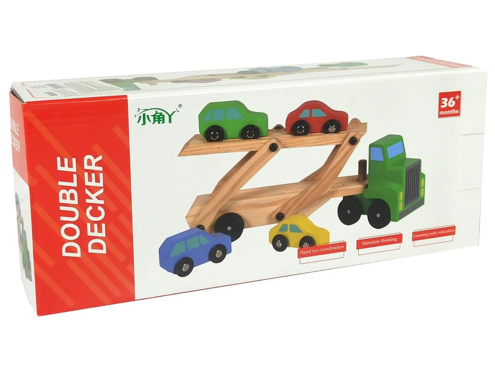 Lean Toys Medinis žalias vilkikas su žaisliniais automobiliais