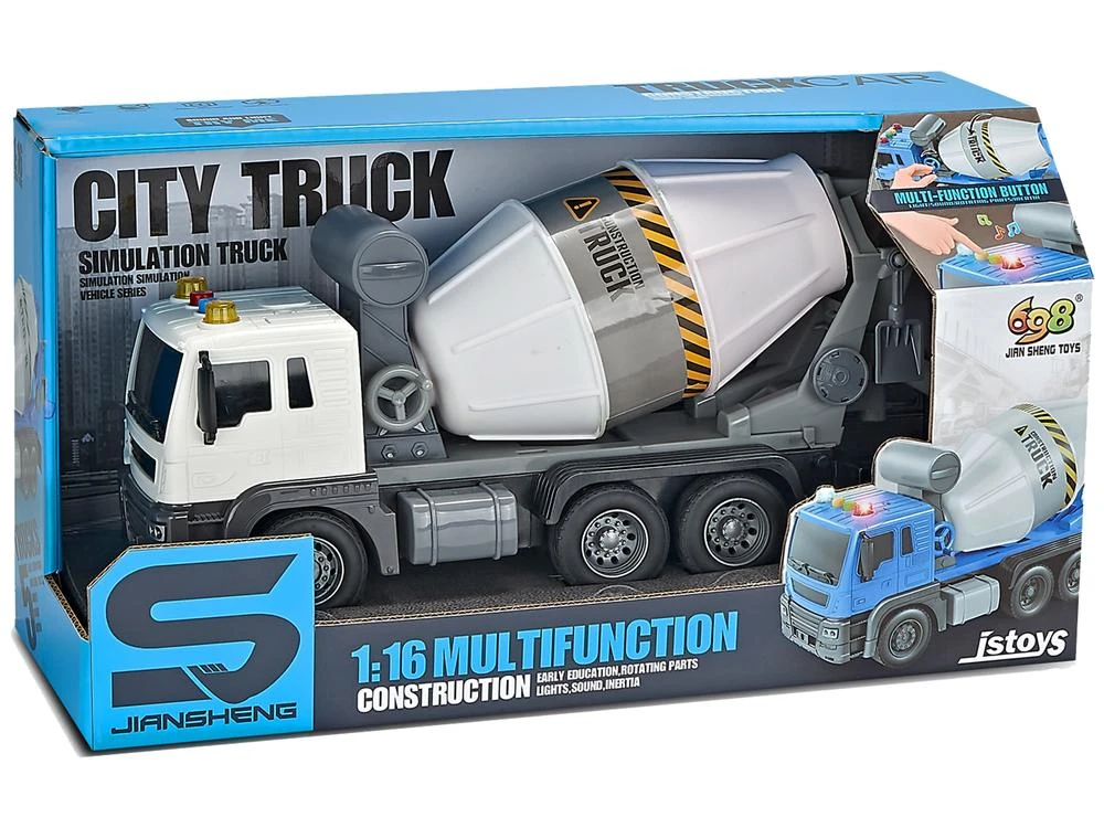 Lean Toys Sunkvežimis su besisukančia betono maišykle, garsais ir šviesomis