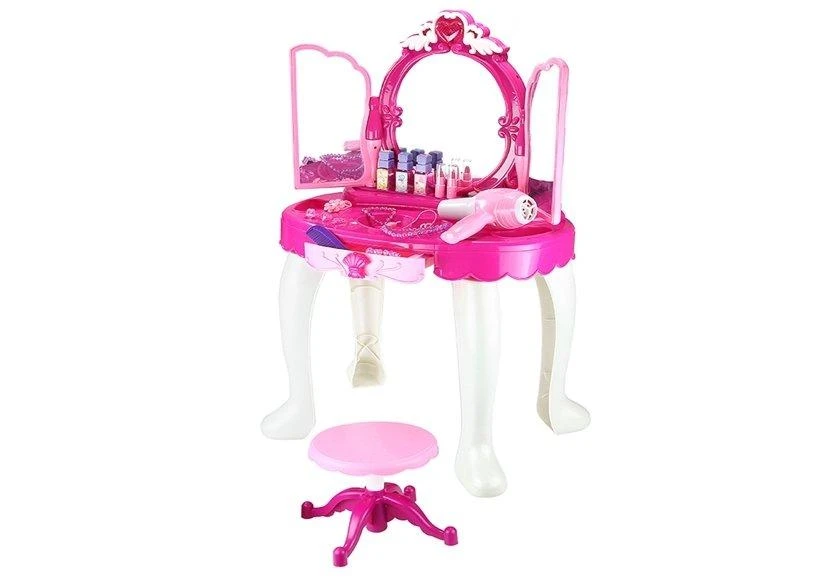 Lean Cars Lean Toys Didelis grožio staliukas su kėdute ir veidrodžiu, rožinis