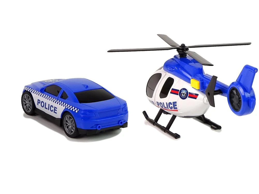 Lean Cars Policijos rinkinys su vilkiku, automobiliu ir sraigtasparniu
