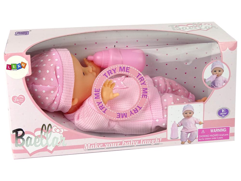 Lean Toys ROŽINĖ LĖLĖ KŪDIKIS SU GARSU IR BUTELIUKU