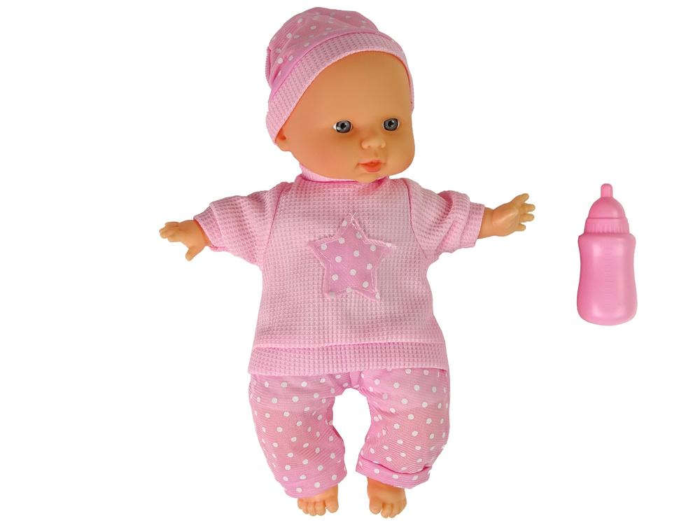 Lean Toys ROŽINĖ LĖLĖ KŪDIKIS SU GARSU IR BUTELIUKU