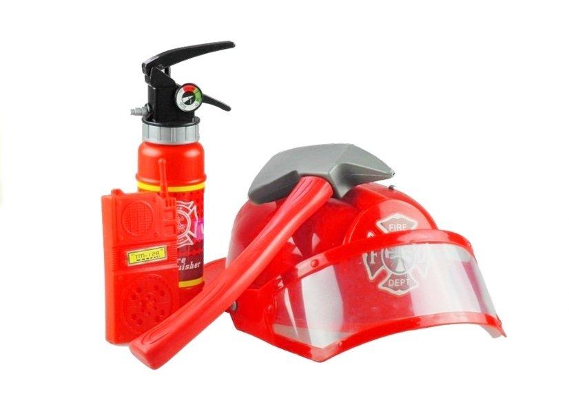 Lean Toys Ugniagesio kostiumas su priedais - šalmu, gesintuvu, laužtuvu