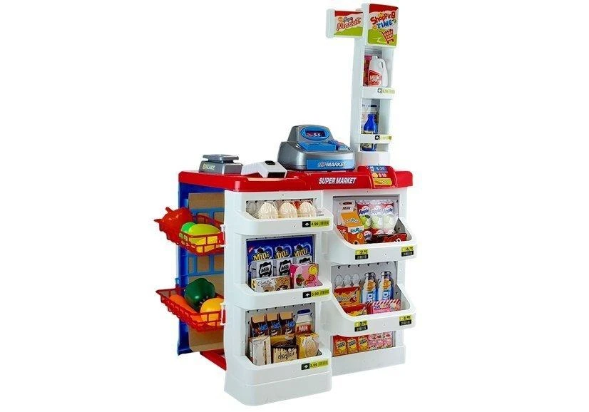 Lean Toys Žaislinė parduotuvė su pirkinių vežimėliu ir kasa, 24 elementai