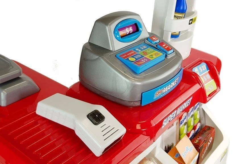 Lean Toys Žaislinė parduotuvė su pirkinių vežimėliu ir kasa, 24 elementai