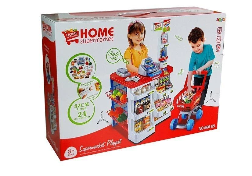 Lean Toys Žaislinė parduotuvė su pirkinių vežimėliu ir kasa, 24 elementai