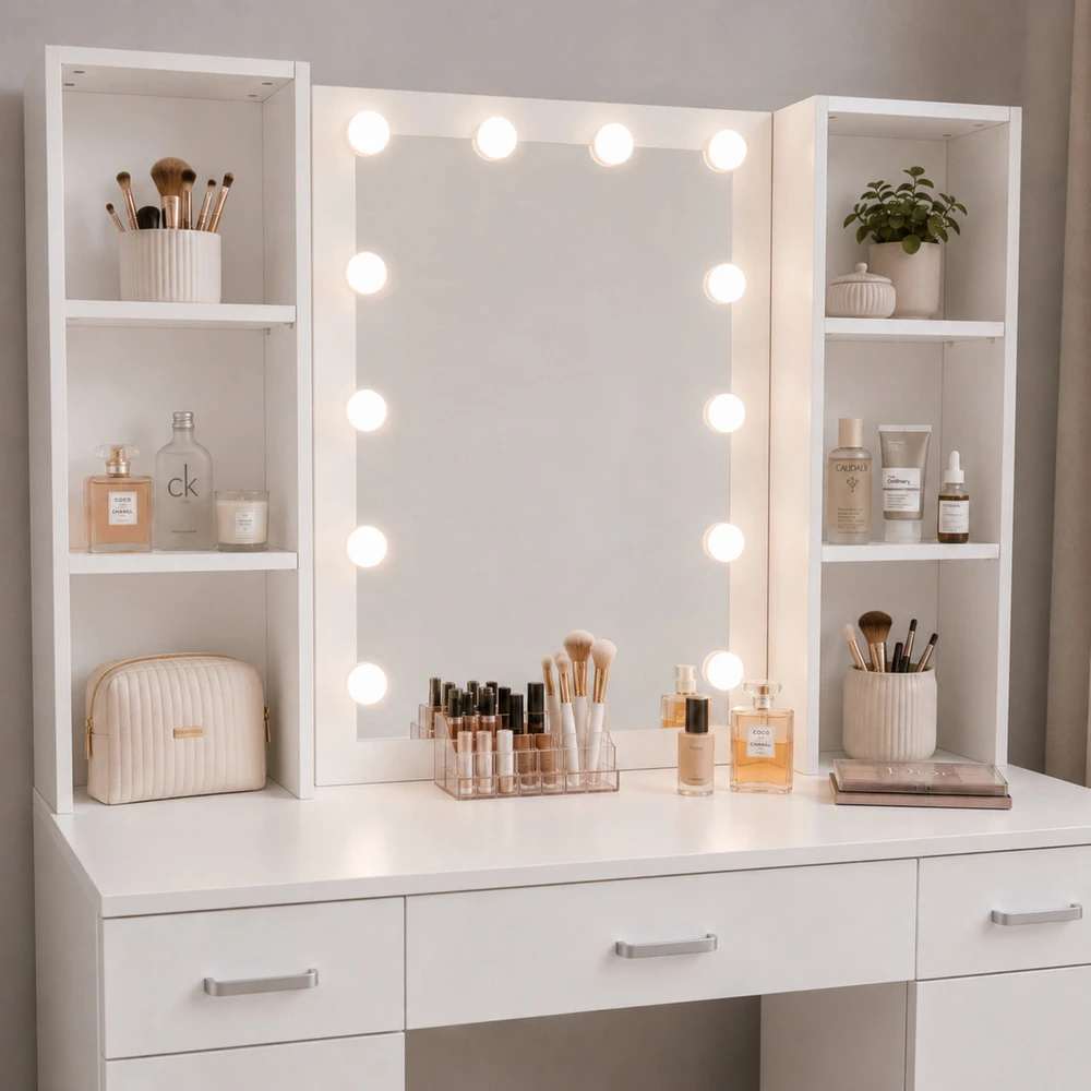 Lean Cosmetic Dressing Table with LED Mirror, Drawer Cabinets, Baltas, 141x114x39 cm