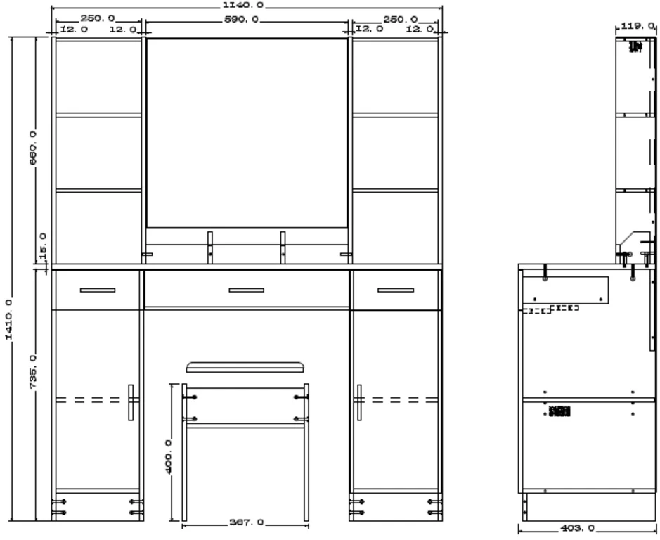 Lean Cosmetic Dressing Table with LED Mirror, Drawer Cabinets, Baltas, 141x114x39 cm
