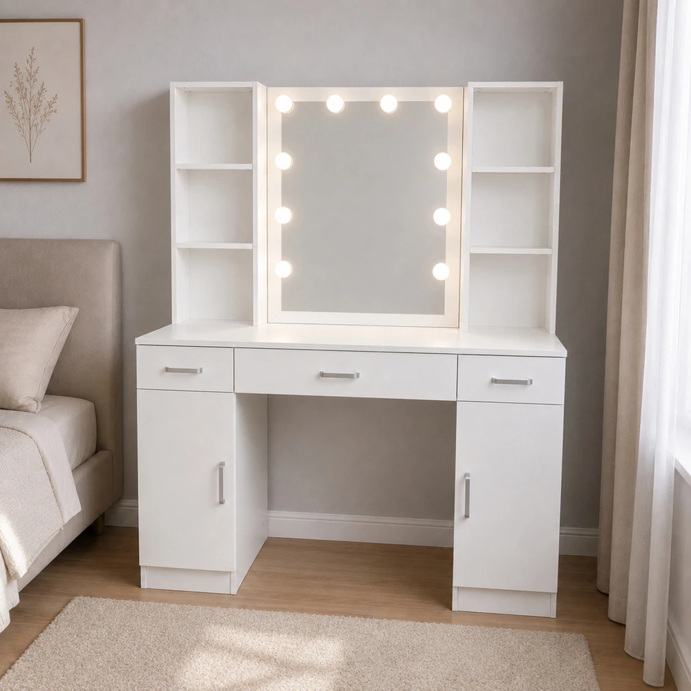Lean Cosmetic Dressing Table with LED Mirror, Drawer Cabinets, Baltas, 141x114x39 cm