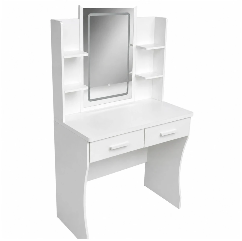Lean Kosmetinis staliukas su LED veidrodžiu ir 2 stalčiais, baltas, 140 × 80 × 40 cm