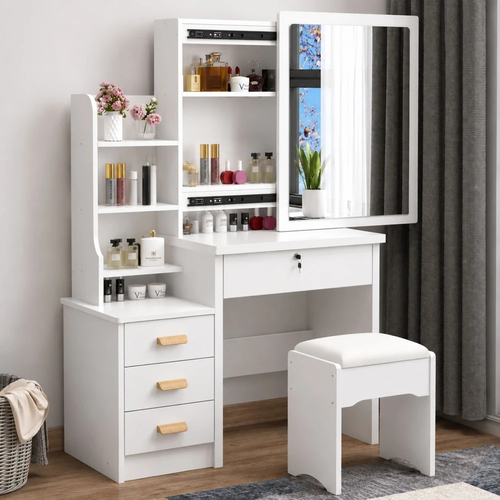 Lean Kosmetinis staliukas su veidrodžiu ir taburete, baltas, 80 × 36 × 131 cm