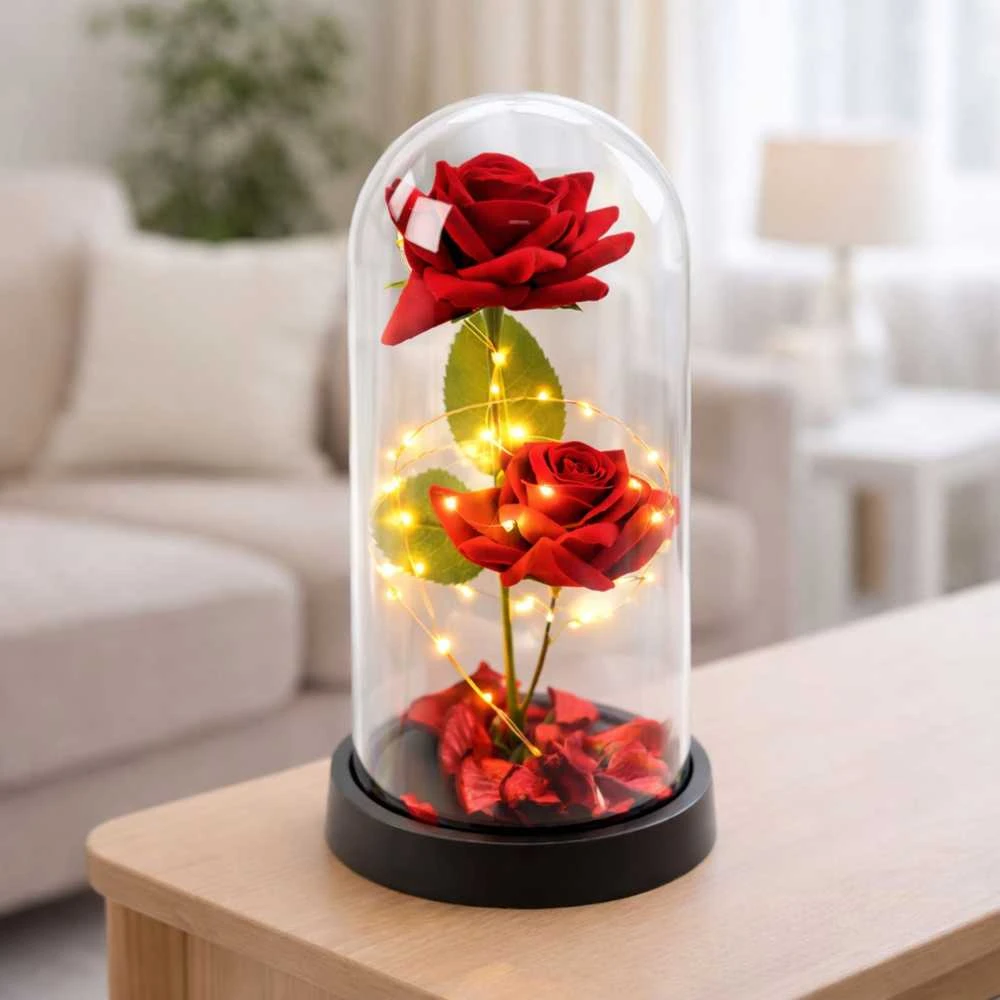 Lean Eternal 2 Roses in Dome with LED apšvietimas and Rose Petals Raudona 21x11cm