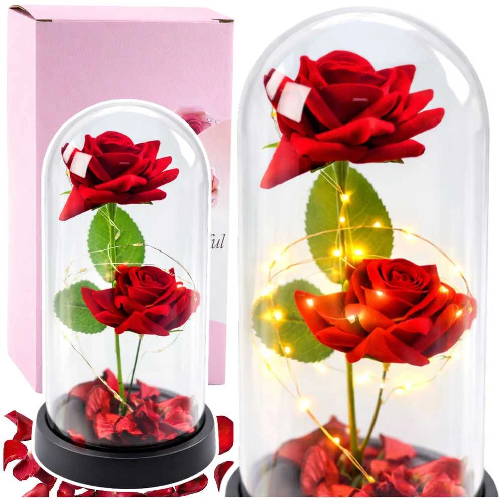 Lean Eternal 2 Roses in Dome with LED apšvietimas and Rose Petals Raudona 21x11cm