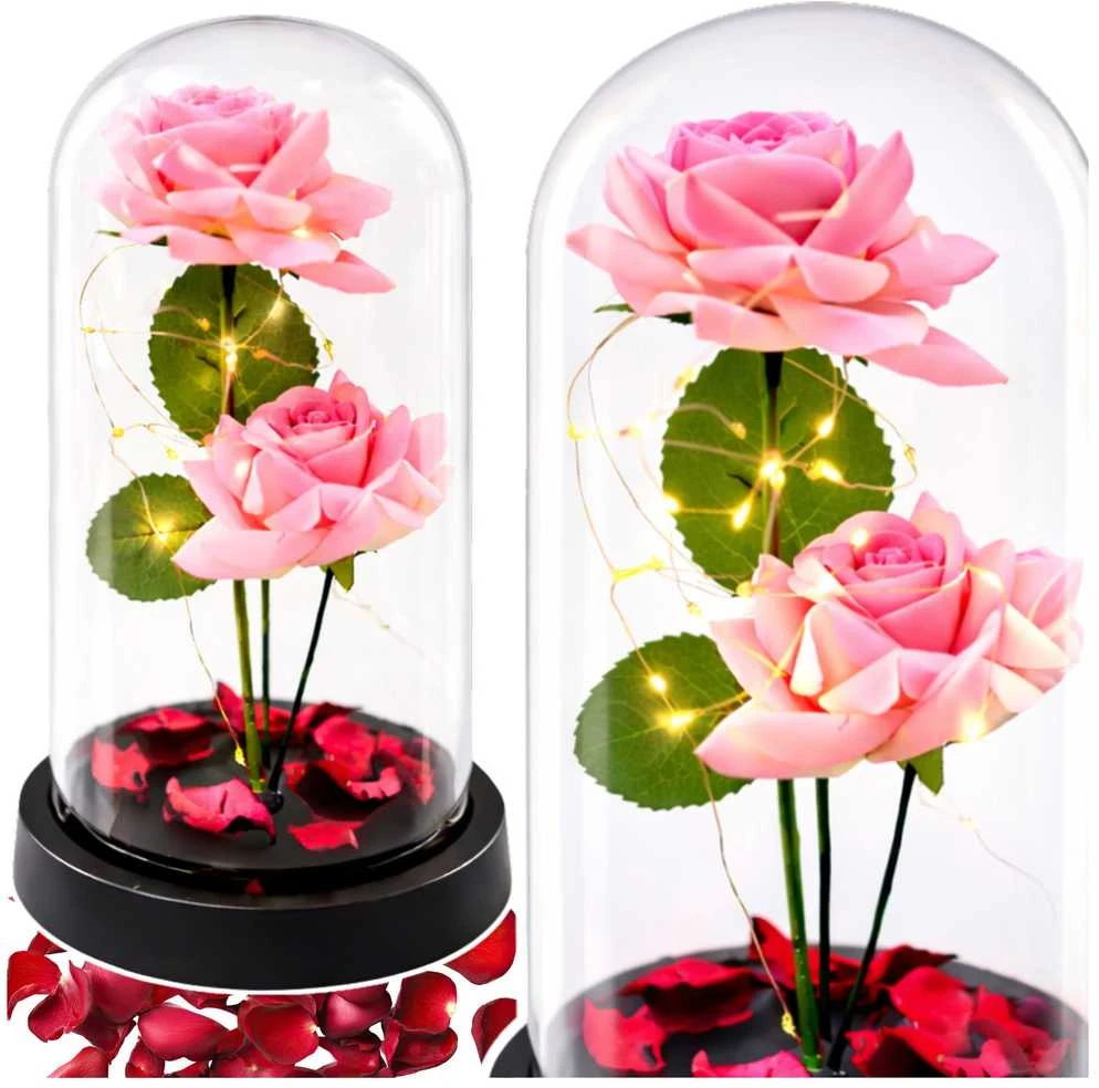 Lean Rožinė Eternal Roses in Dome with LED apšvietimas and Rose Petals Rožinė 21x11cm