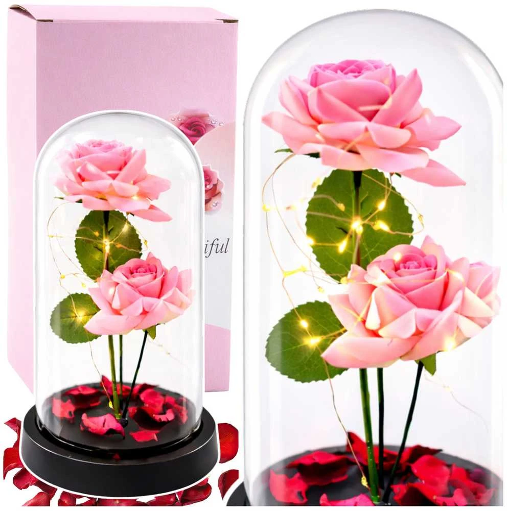 Lean Rožinė Eternal Roses in Dome with LED apšvietimas and Rose Petals Rožinė 21x11cm