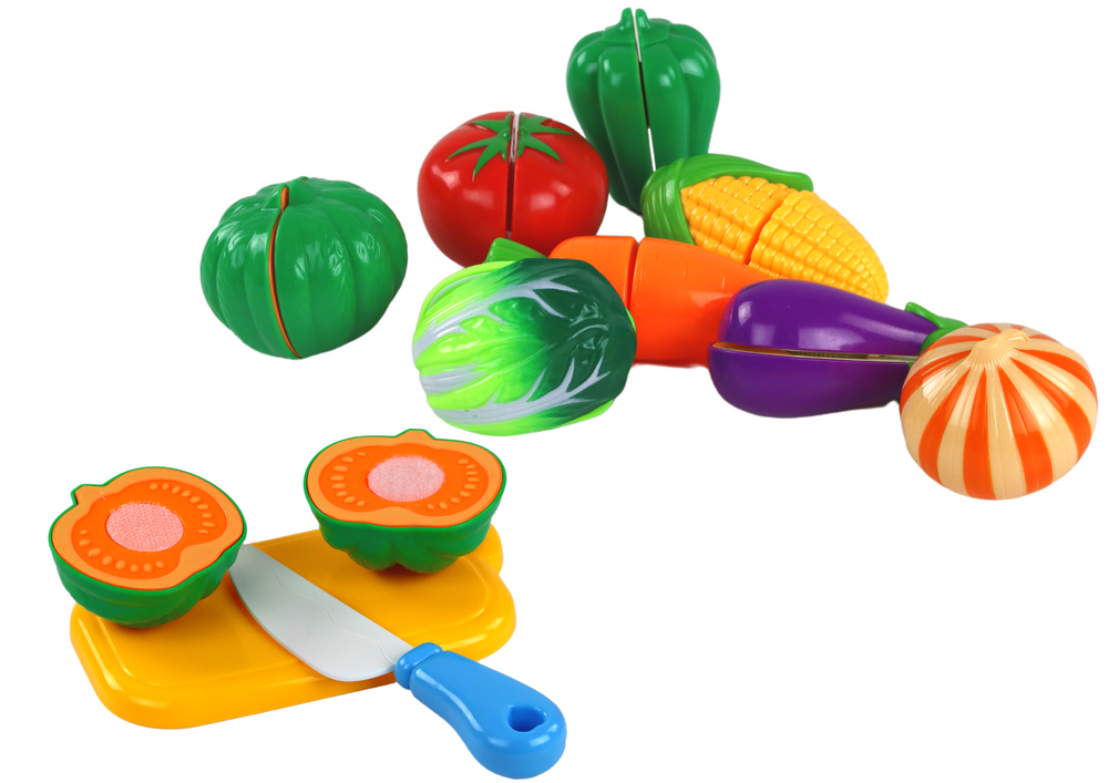 Lean Toys Žaislinių daržovių rinkinys LeanToys su peiliu ir lėkštute