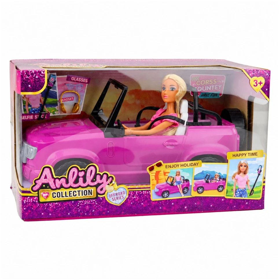 Lean Toys Lėlės ir automobilio rinkinys „Anlily“ su priedais, violetinis, 30 cm