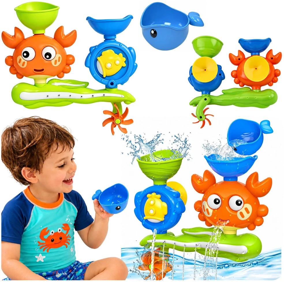 Lean Toys Colorful Bath Toy – Crab and Whale Waterfall with Spinning Wheel and Suction Cups