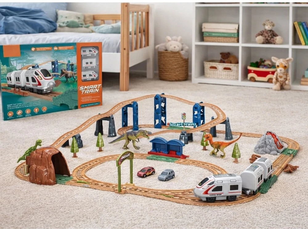 Lean Toys Elektrinis traukinys su dinozaurais, šviesomis ir garsais 76 cm