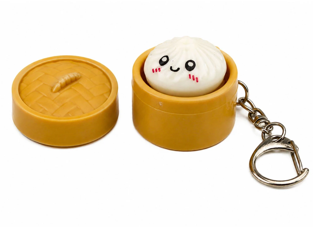 Lean Toys Raktų pakabukas su šviečiančiu koldūnu ir atverčiamu dangteliu, 3,5 × 3,5 cm
