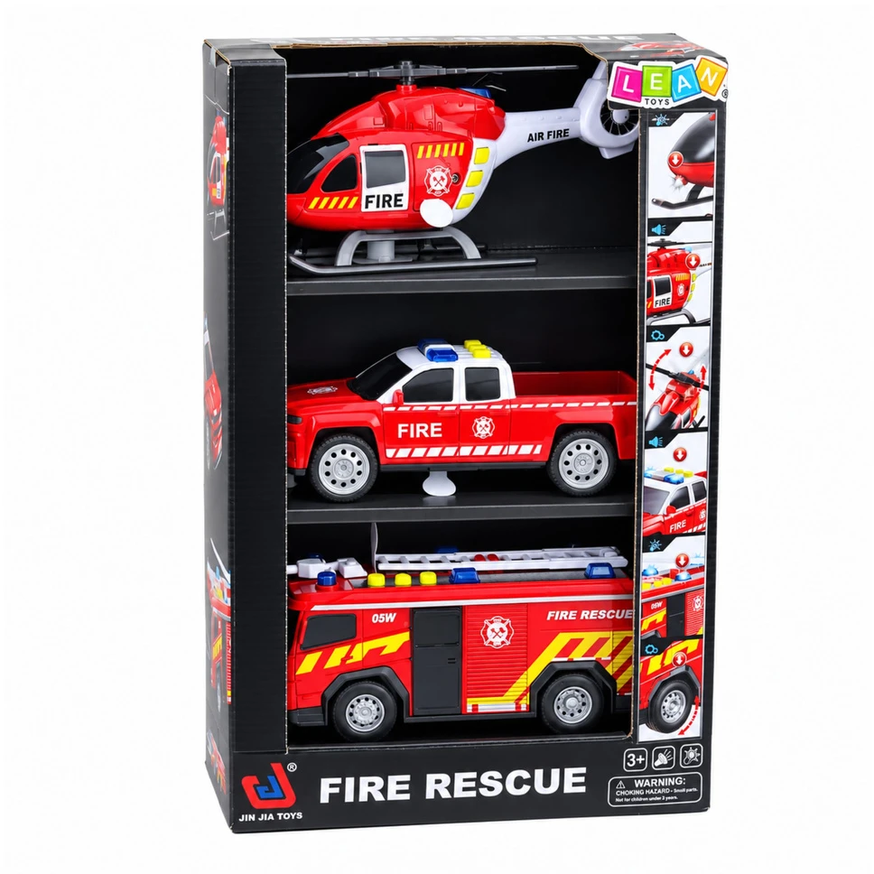 Lean Toys Gelbėjimo transporto priemonių rinkinys su šviesos ir garso efektais, raudonas, 3 vnt.