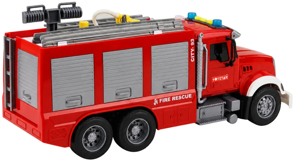 Lean Toys Žaislinis gaisrinis automobilis su ištraukiamomis kopėčiomis ir vandens purškimo funkcija, raudonas ir baltas, 36 x 16 x 11 cm