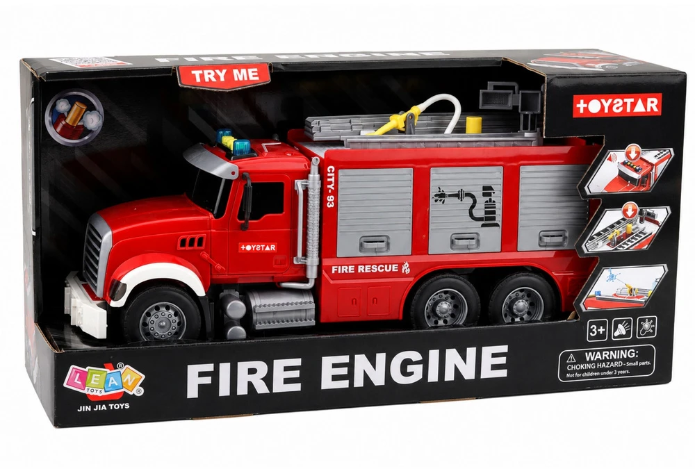 Lean Toys Žaislinis gaisrinis automobilis su ištraukiamomis kopėčiomis ir vandens purškimo funkcija, raudonas ir baltas, 36 x 16 x 11 cm