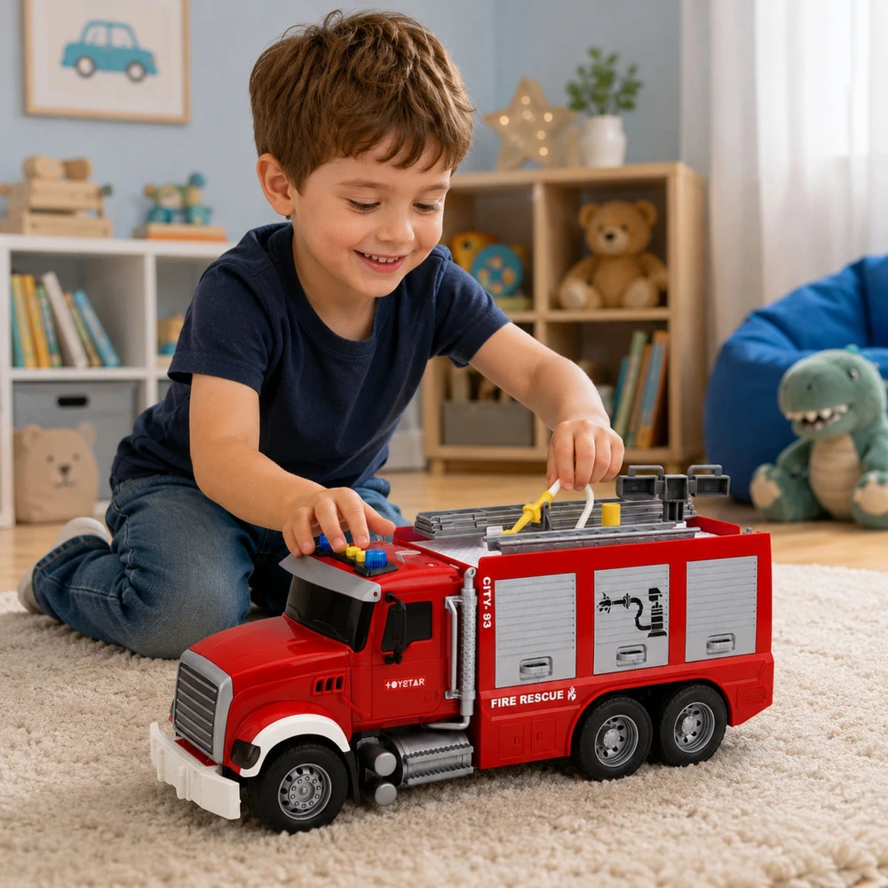Lean Toys Žaislinis gaisrinis automobilis su ištraukiamomis kopėčiomis ir vandens purškimo funkcija, raudonas ir baltas, 36 x 16 x 11 cm