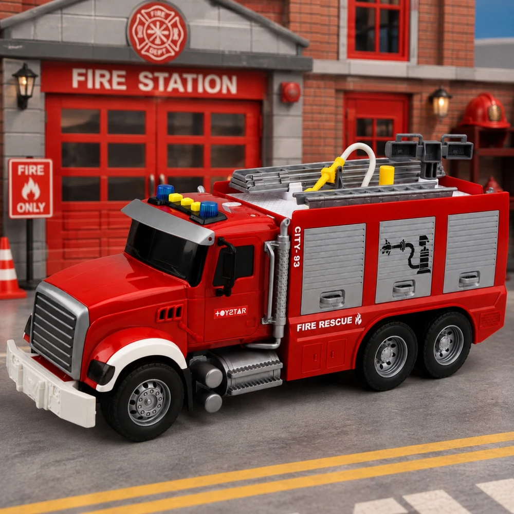 Lean Toys Žaislinis gaisrinis automobilis su ištraukiamomis kopėčiomis ir vandens purškimo funkcija, raudonas ir baltas, 36 x 16 x 11 cm