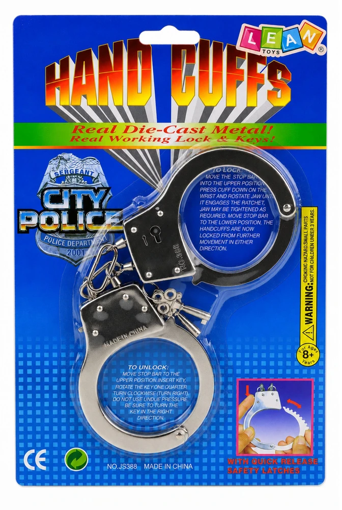 Lean Toys Handcuffs for a Little Policeman, Metal, with Keys, for Children, Sidabrinis