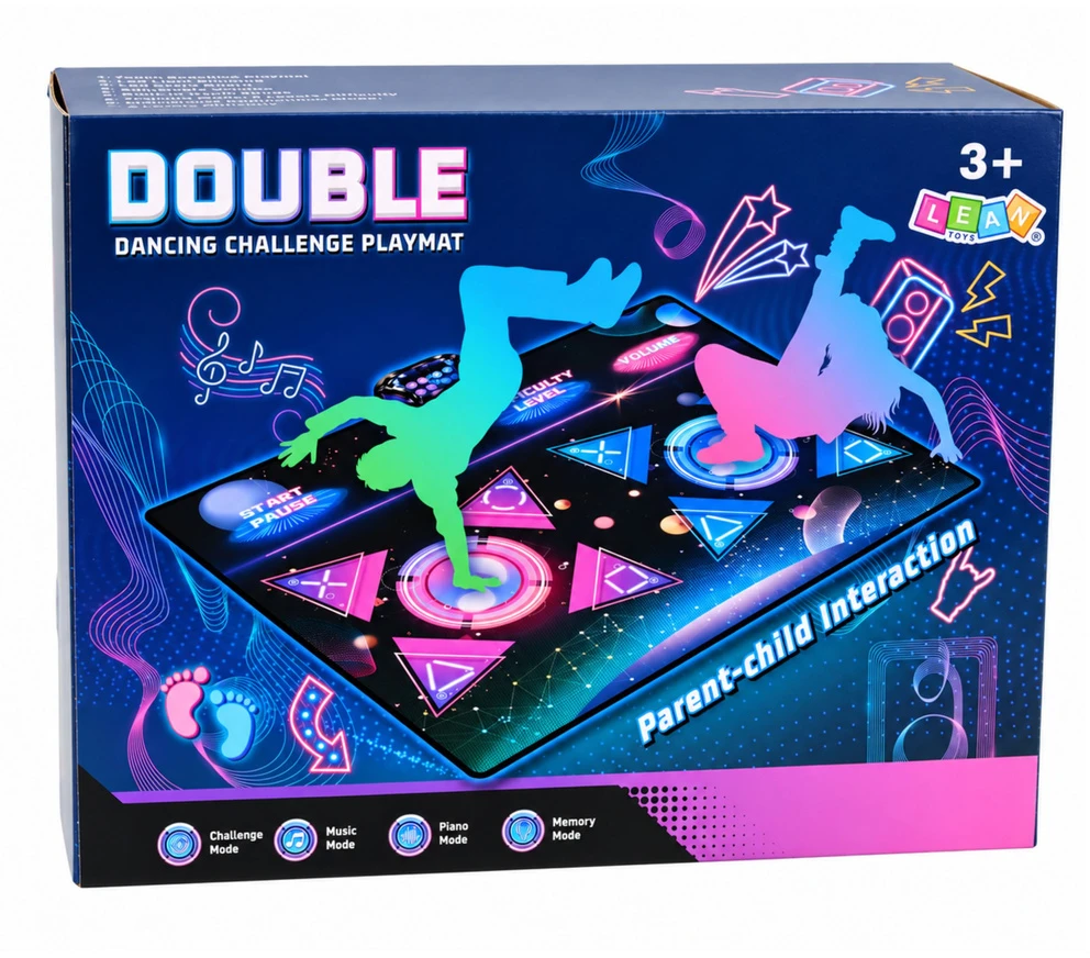 Lean Toys Interaktyvus šokių kilimėlis dviem žaidėjams su LED apšvietimu ir muzika, įvairiaspalvis, 120 x 95 cm