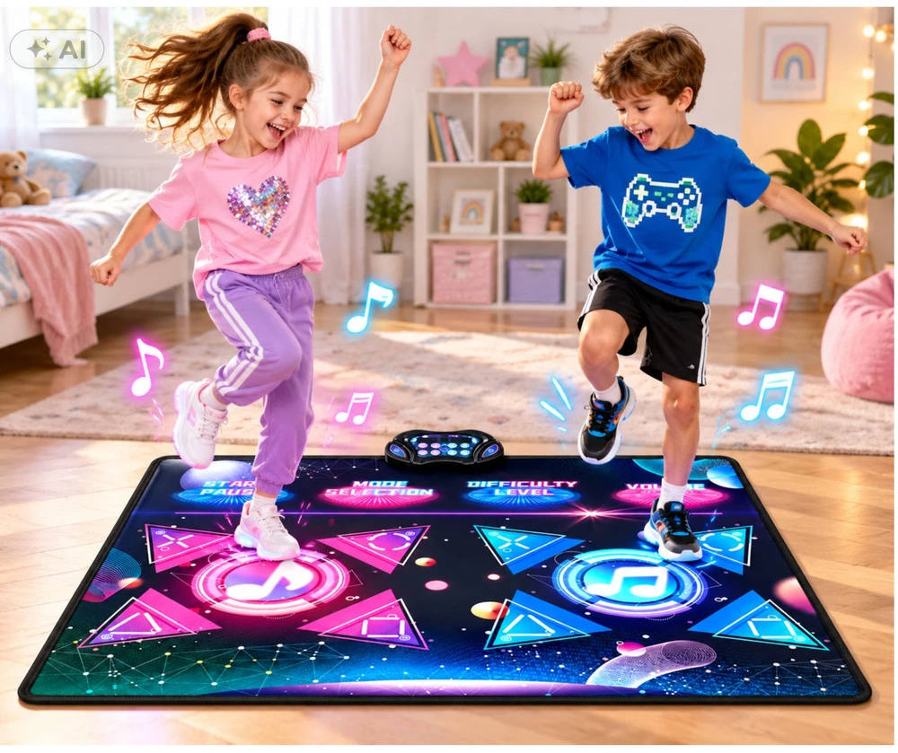 Lean Toys Interaktyvus šokių kilimėlis dviem žaidėjams su LED apšvietimu ir muzika, įvairiaspalvis, 120 x 95 cm
