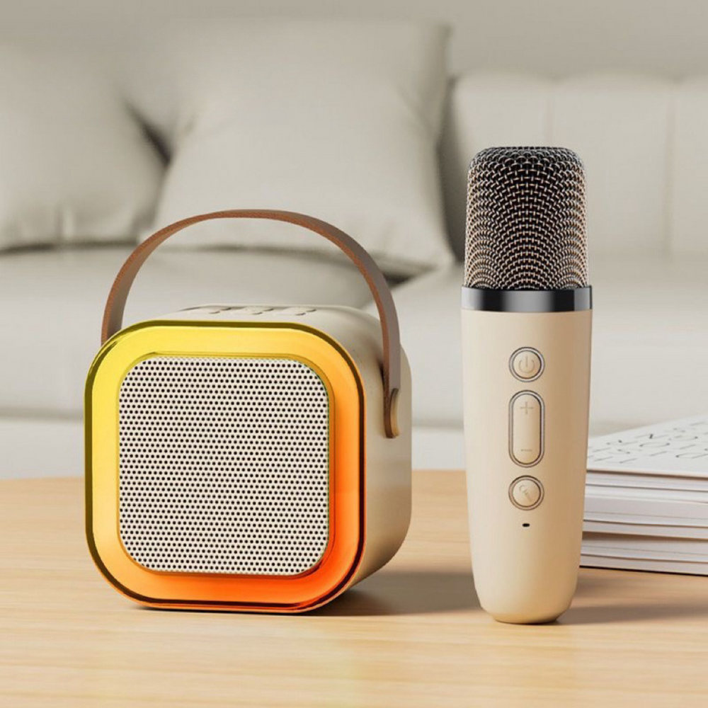 Lean Toys Belaidė karaoke kolonėlė su mikrofonu K12 RGB Bluetooth smėlinė